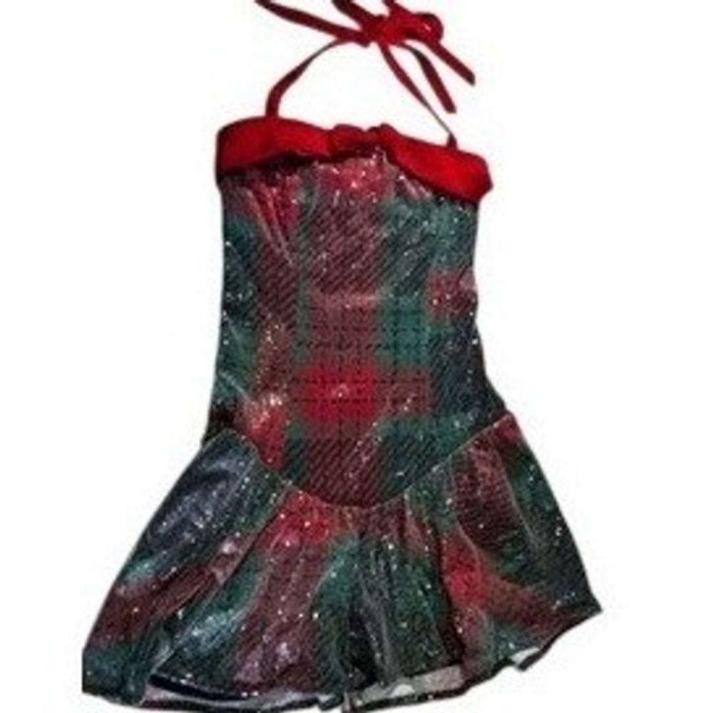 Sequin Drop‎ Waist Halter Mini Dress Red Green Plaid Holiday XS
